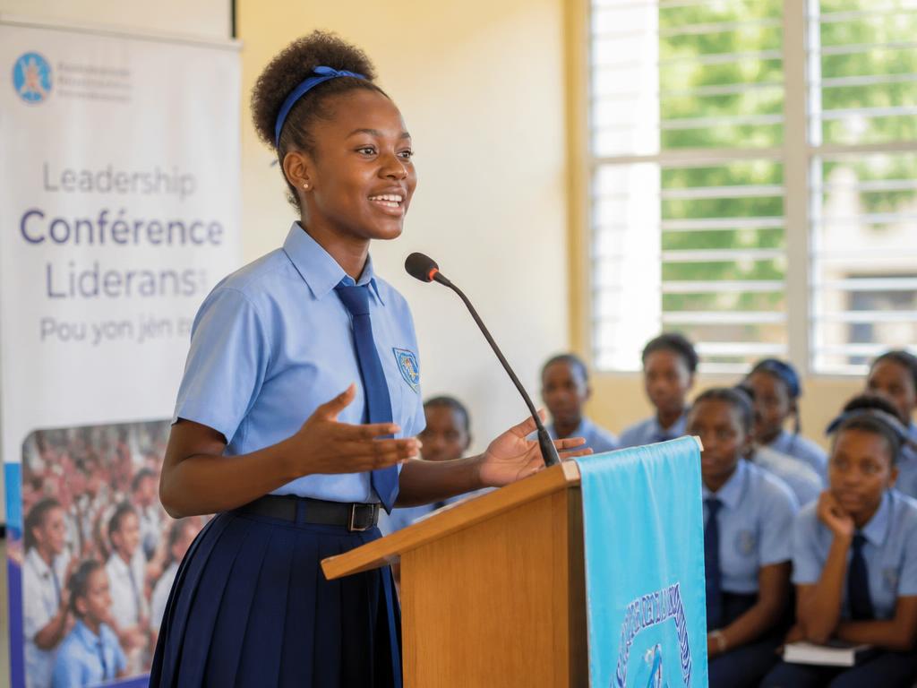 Une étudiante haïtienne s'exprimant avec assurance à un pupitre lors d'un atelier de leadership